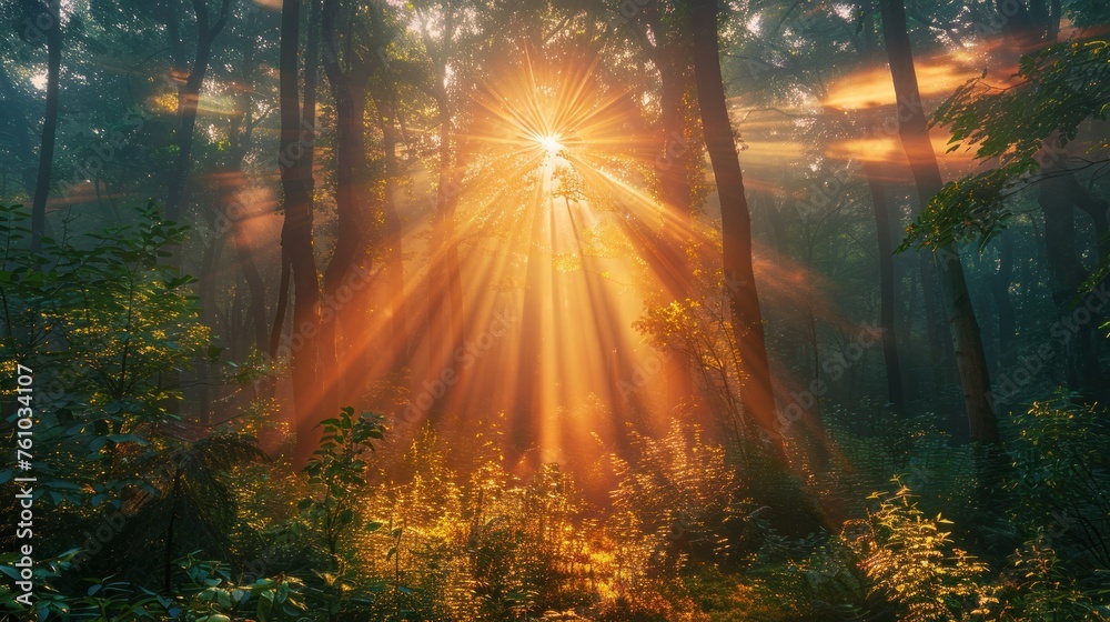 Obraz premium Magical beautiful sunrise in the forest The sun shines through the trees in the mist. The mysterious nature of the rainforest