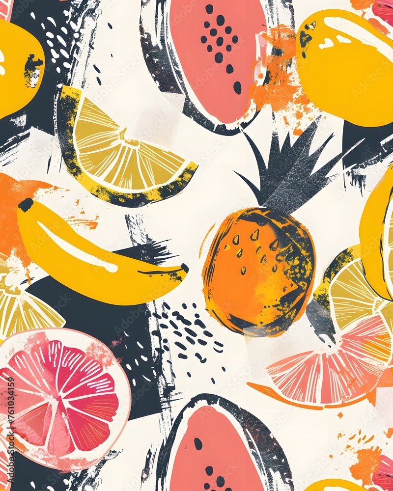 Fruits and flowers pattern seamless graphic design vector illustration, soft brush strokes with warm and colorful colors