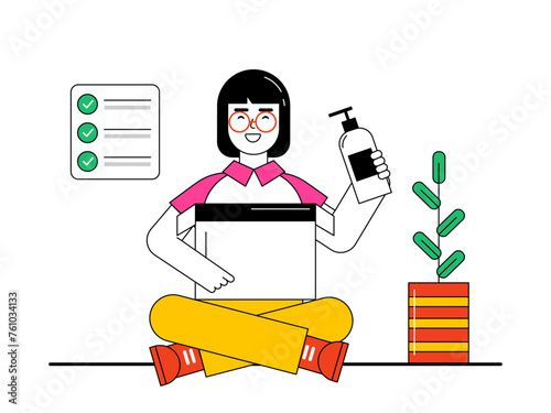 Girl unboxing product. Unboxing vector illustration.