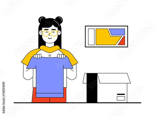 Girl unboxing package. Unboxing vector illustration.