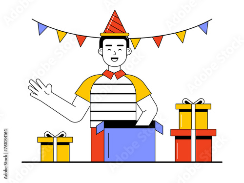 Young boy unboxing Christmas gift. Unboxing vector illustration.