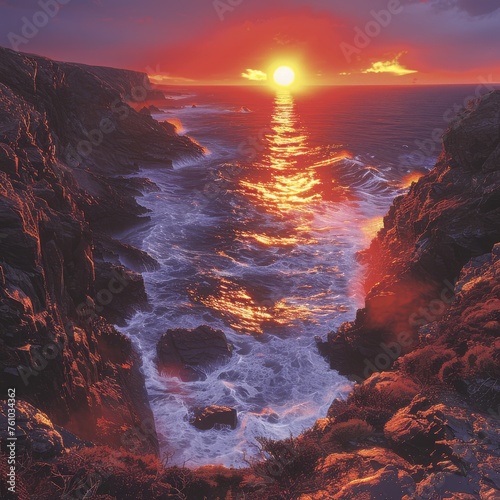 Breathtaking coastal sunset with waves crashing against cliffs, a showcase of nature's dramatic splendor photo