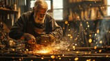 A craftsman uses a grinder to cut metal in a factory as sparks fly.
