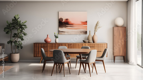 Minimalist dining room table interior with wooden sideboard © Dentma Art