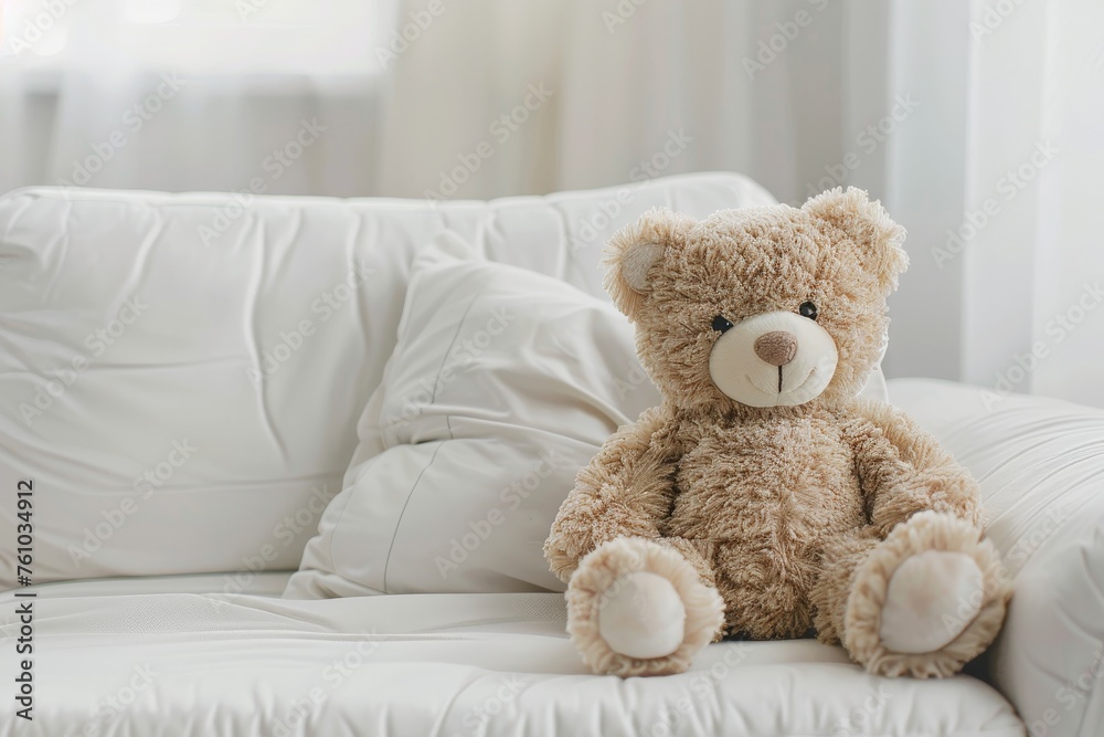 Soft plush teddy bear on a white couch