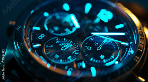 A magnified view of a watch dial with the numbers and hands painted with photoluminescent pigments making it easy to read in the darkness without the need for external light