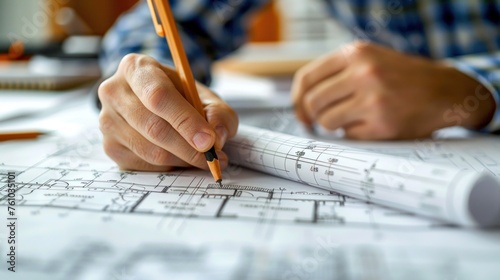 Architect marking blueprints for home renovation project..
