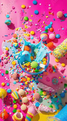 Pop art-inspired imagery captured in the luscious spread of sugary delights 3D rendering illustration, minimalistic