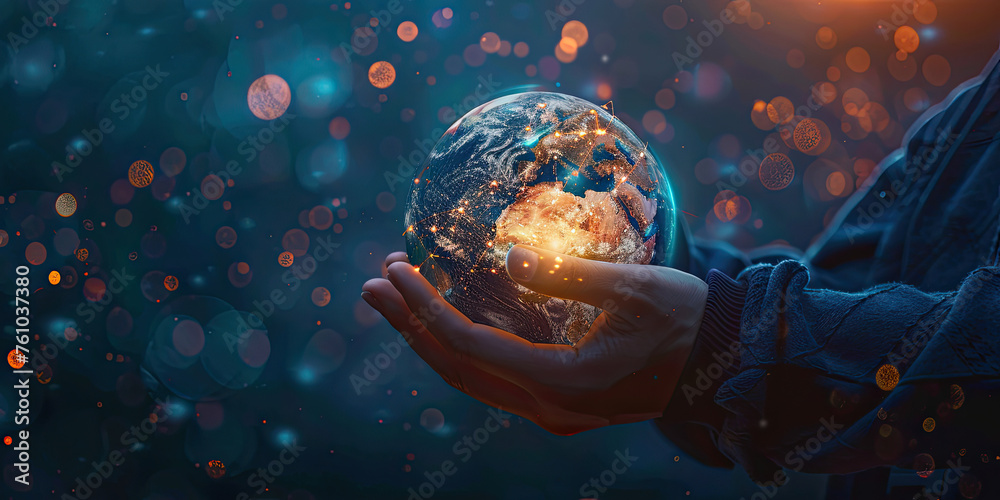 Technologies connecting the world, Businessman holding Global world network and telecommunication on earth, Communication technology for internet business - obrazy, fototapety, plakaty 