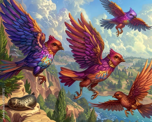 Magical illustration of mythical birds in flight with a snake lurking on the cliffs, ideal for fantasy book covers, gaming art, and animated stories
