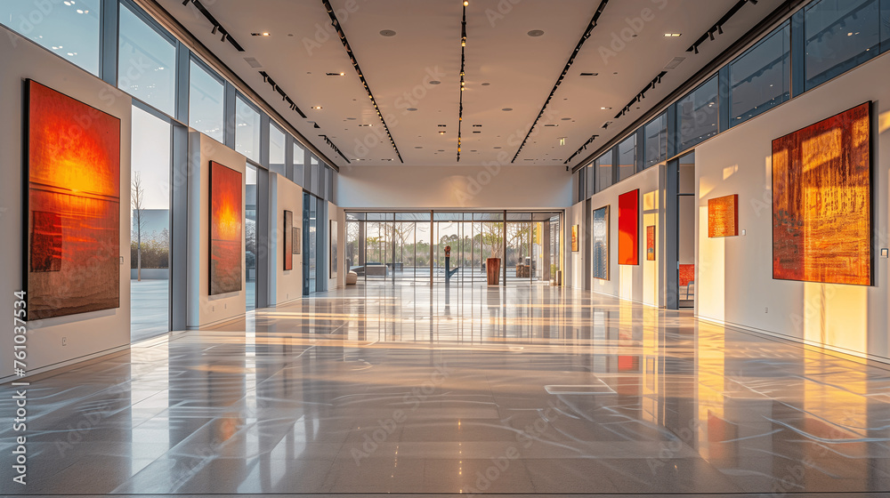 Modern Art Gallery Interior with Sunlight Reflections