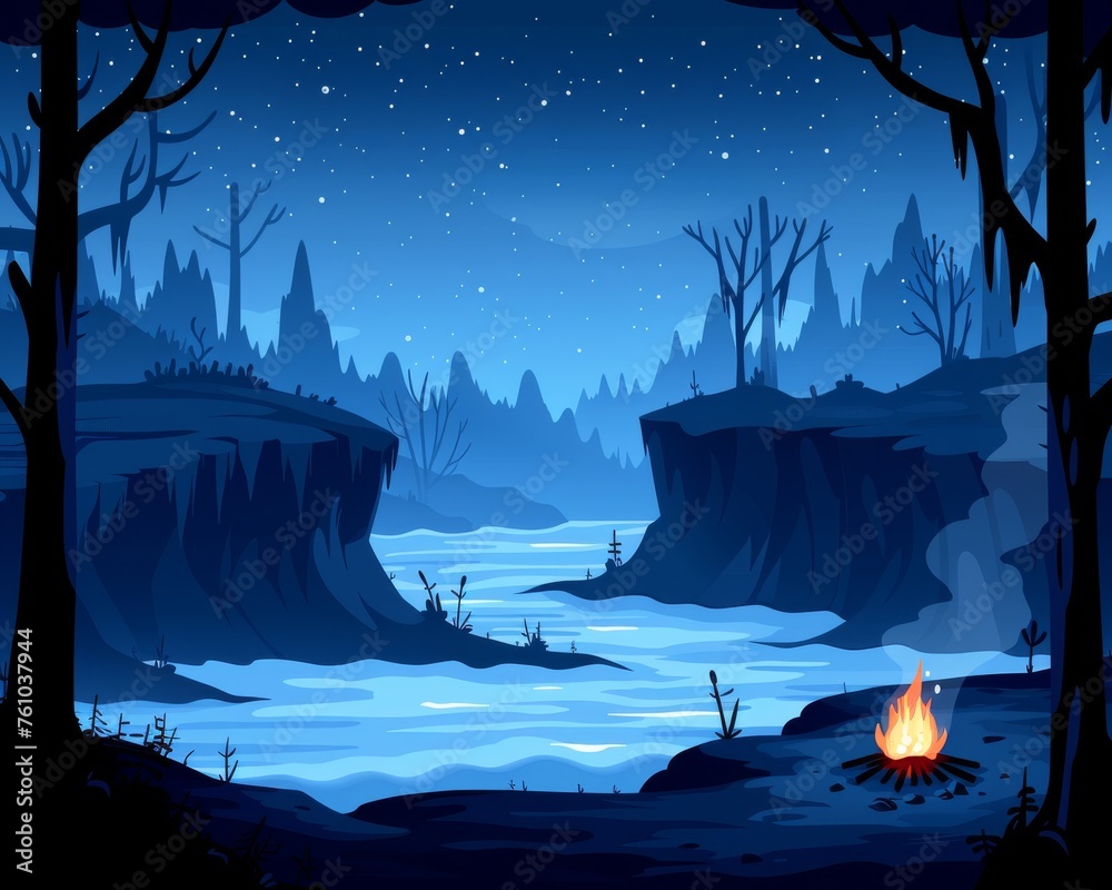 Animated Night Rivers Animated nighttime scenery with a campfire by a serene river ...