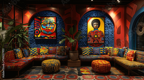 Vibrant African-inspired Lounge with Artistic Portraits and Patterned Furniture © lin