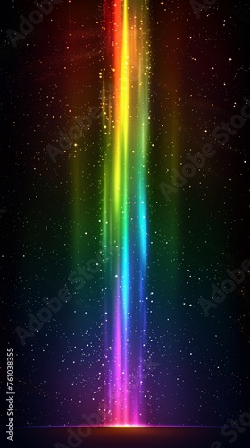 Radiant rainbow beam shooting through the cosmos, a vertical portrait of a vibrant light spectrum amidst a starry night sky, depicting the beauty of light diffraction in space