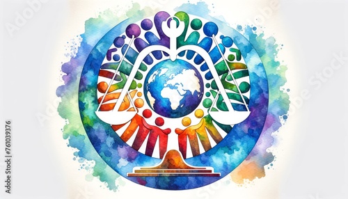 Watercolor illustration of unity and diversity, a circular arrangement of people around the globe, depicting global harmony and cultural celebration