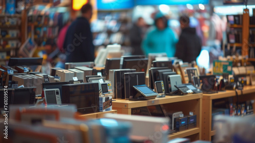 A display table piled with discounted electronics attracting shoppers with the promise of a good deal.