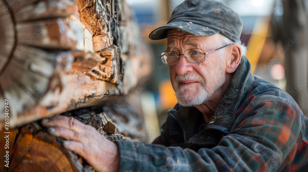 Elderly Man Inspecting Lumber Elderly Man Inspecting Lumber