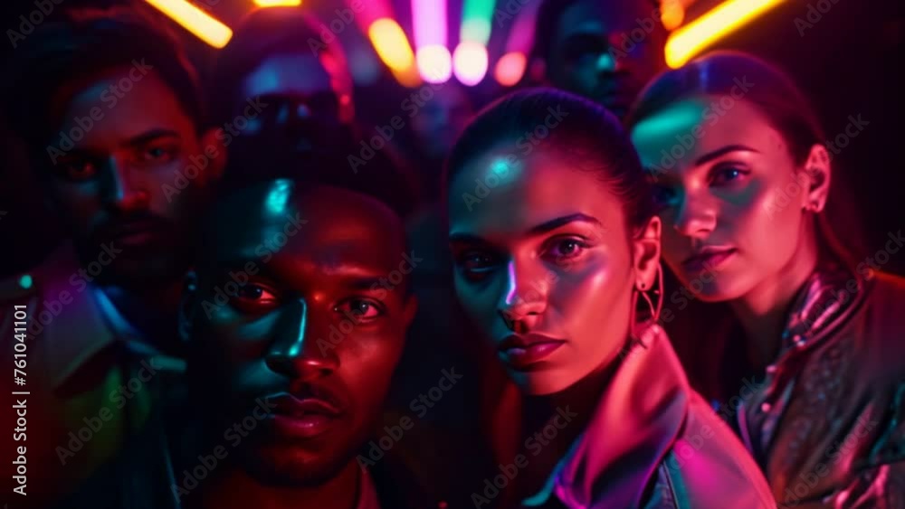 A group of GEN Z teenagers with neon lights in a pub, a group of teenagers of various nationalities A group of GEN Z teenagers with neon lights in a pub, a group of teenagers of various nationalities