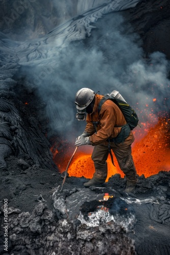 Volcano researcher collecting samples near the crater of an erupting volcano, Generative AI