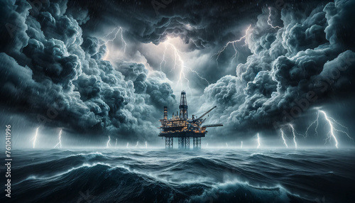 Dramatic image of an oil rig in a stormy sea under dark clouds and fierce lightning, with a mysterious light piercing the gloom. AI Generated.