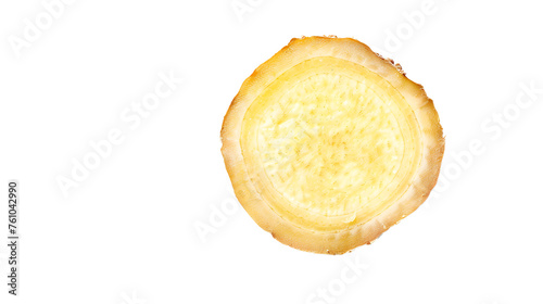 Yellow ginger root slice isolated on white background, top view
