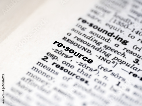 Closeup of the word resource in the dictionary