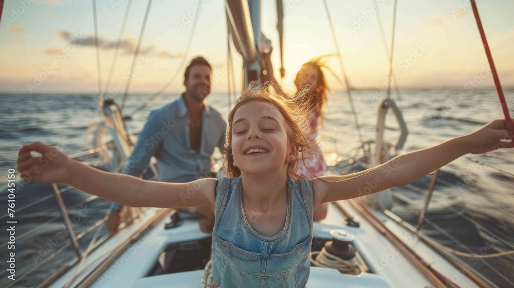 A young girl stands at the bow of a sailboat her arms spread wide as she closes her eyes and feels the cool breeze on her face. Her parents smile proudly from the back of - obrazy, fototapety, plakaty 