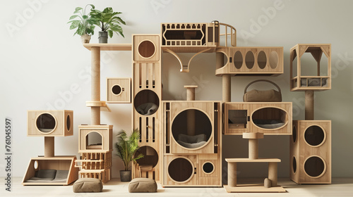 Convertible Design: An illustration showcasing a versatile cat tree condo with modular components that can be rearranged and customized to suit cats of all ages, sizes, and preferences. photo