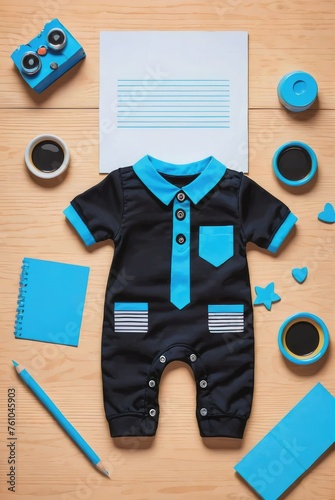 Top-View Photo Mockup of a Black Baby Romper and a Blue Empty Note on a Wooden Table 