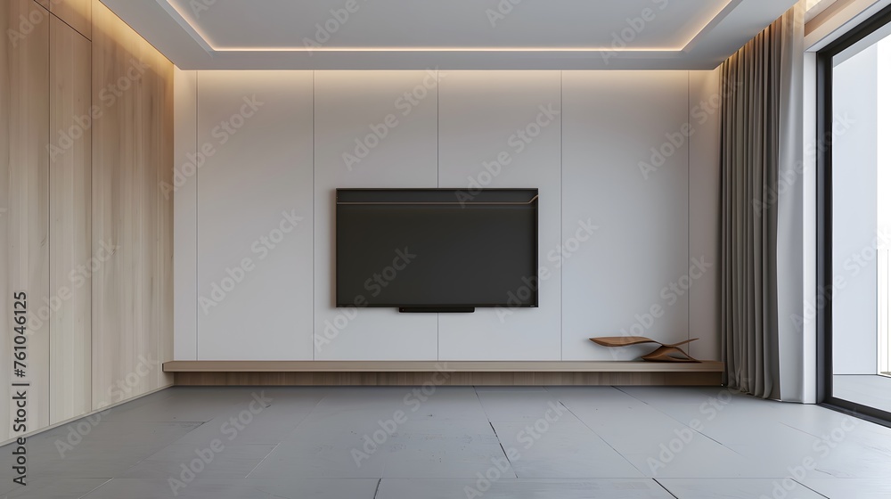 TV cabinet and display with on wood flooring and pastel green wall, minimalist and vintage interior of living room