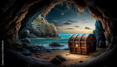 Wooden barrel on the beach in the cave.