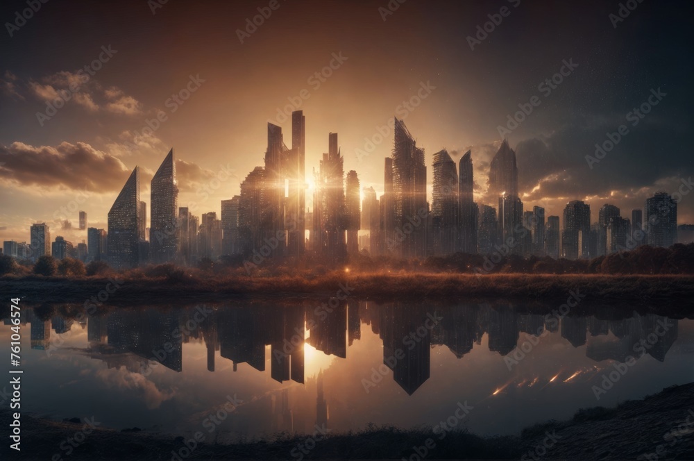 cityscape and skyline of modern city at sunset with reflection in water