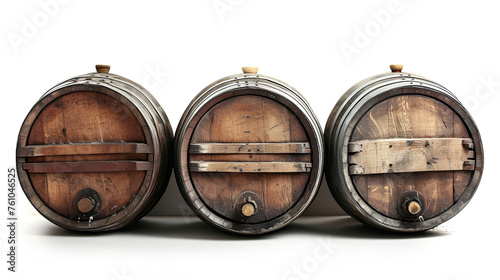 Wooden oak barrels on white background. generative ai