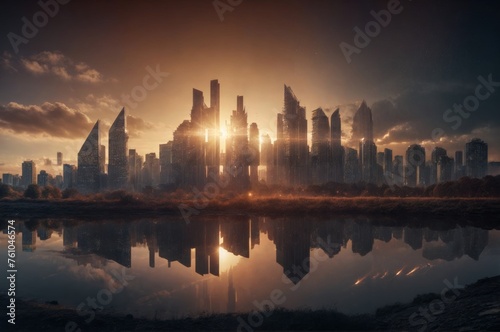 cityscape and skyline of modern city at sunset with reflection in water