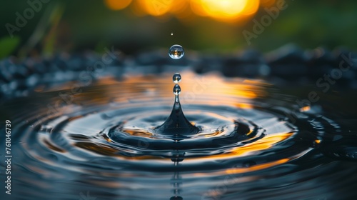 Drop of water falling into a puddle, creating a ripple effect, symbolizing the power of individual actions to create positive change, Ripple effect of water conservation concept