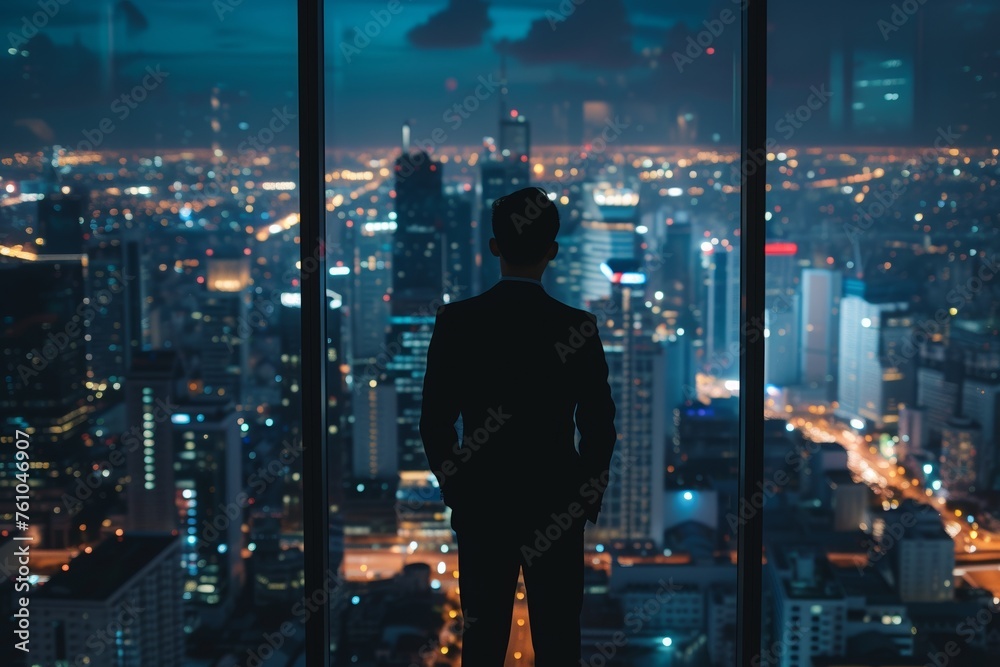 A content businessman looking at the city from the top representing his successful empire