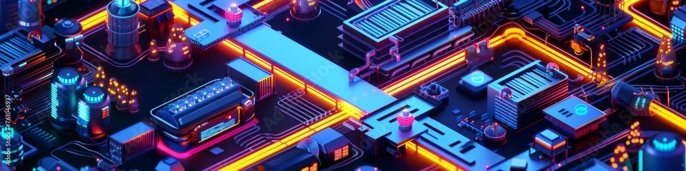 A 3D isometric depiction of a futuristic neon waste recycling plant, with robots sorting and processing glowing materials