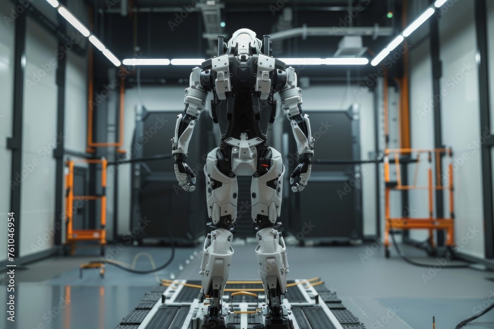 A 3D model of an advanced exoskeleton suit being tested in a military facility for enhanced human performance