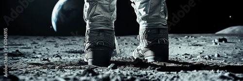 A close up of moonwalking astronaut boots with a detailed view of the moons surface and a faint Earthrise in the distance photo