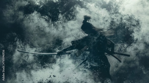 A samurai shrouded in black mist locked in an intense battle sword gleaming with intent photo