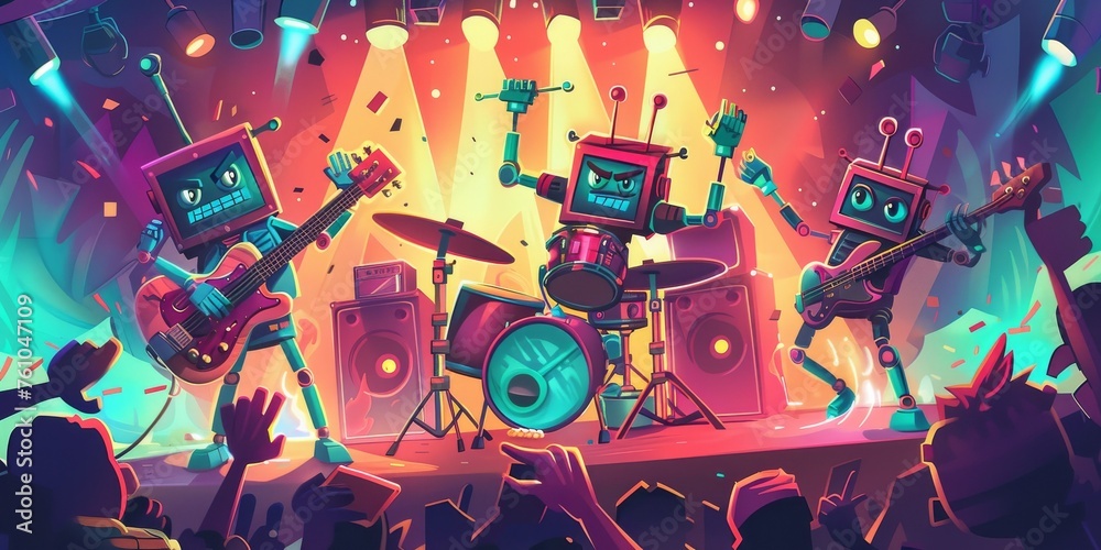 A playful illustration of a robot rock band performing on stage - obrazy, fototapety, plakaty 