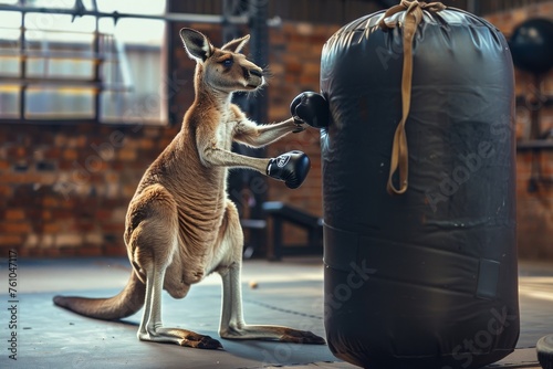 A kangaroo wearing boxing gloves, hopping around a ring, punching a heavy bag in a gym setting