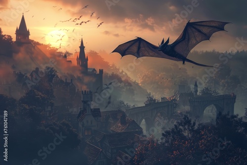 An ancient vampire bat, its wings spread wide, casting a terrifying shadow over a medieval village at dusk photo