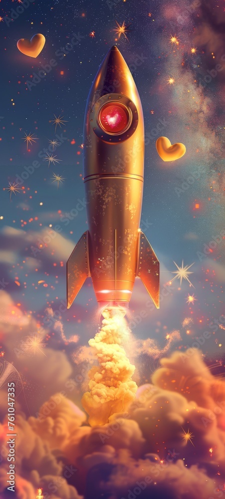 Endearing 3D golden rocket whimsically launching with bright stars and heart-shaped smoke
