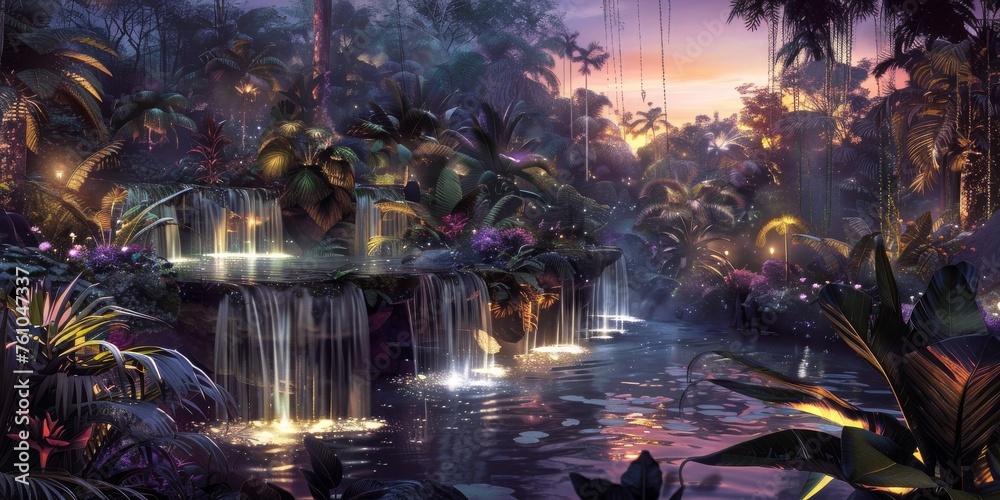 Eden Park as a floating island paradise, with cascading waterfalls and exotic, luminescent plants, under a twilight sky