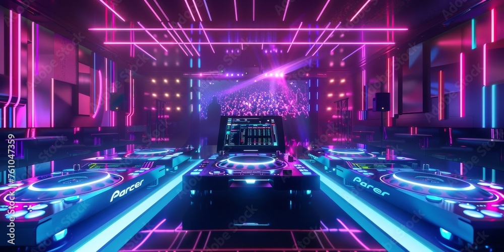 Futuristic DJ booth with pulsating neon lights and holographic crowd in an electric nightclub