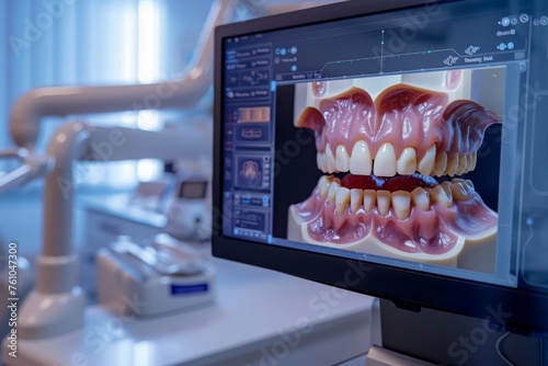 Cutting edge 3D dental imaging in a dental clinic showing a patients teeth and gums in high detail for diagnosis photo