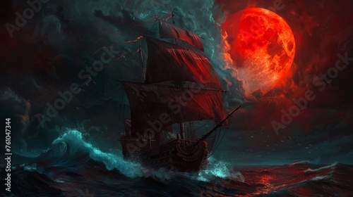 Flying Dutchman sailing under a blood-red moon, tattered sails billowing, surrounded by a swirling, spectral maelstrom