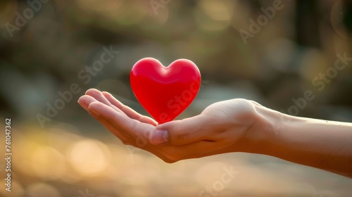 Hand with red heart symbolizing heart donation Valentines love medical charity concept