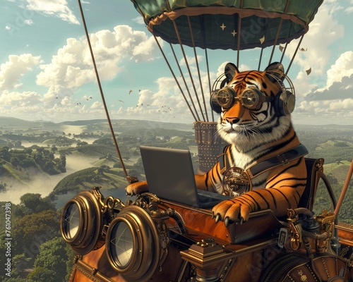 Hot air balloon journey with a steampunk tiger musician and laptop over a tranquil landscape exploring digital realms photo